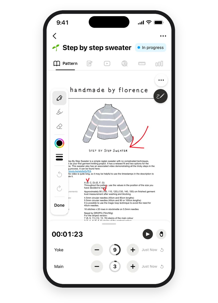 PDF pattern with markup tools in Knitflow on iPhone