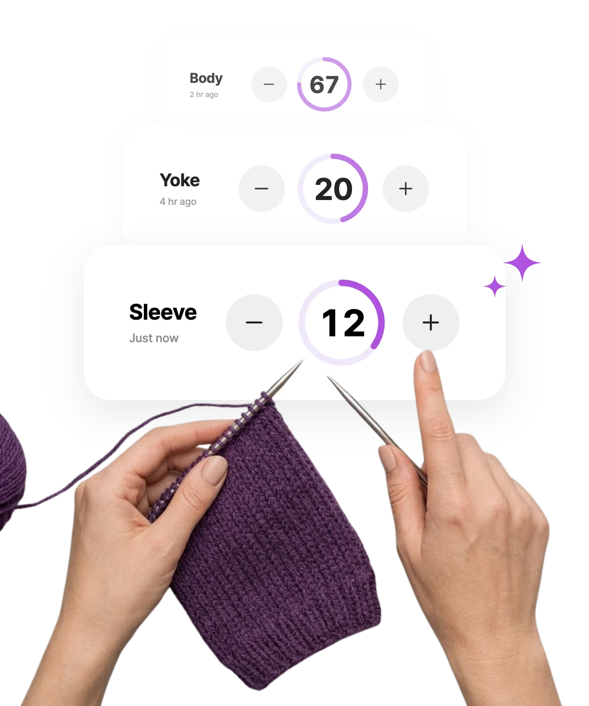 Row counters above hands knitting a purple sweater